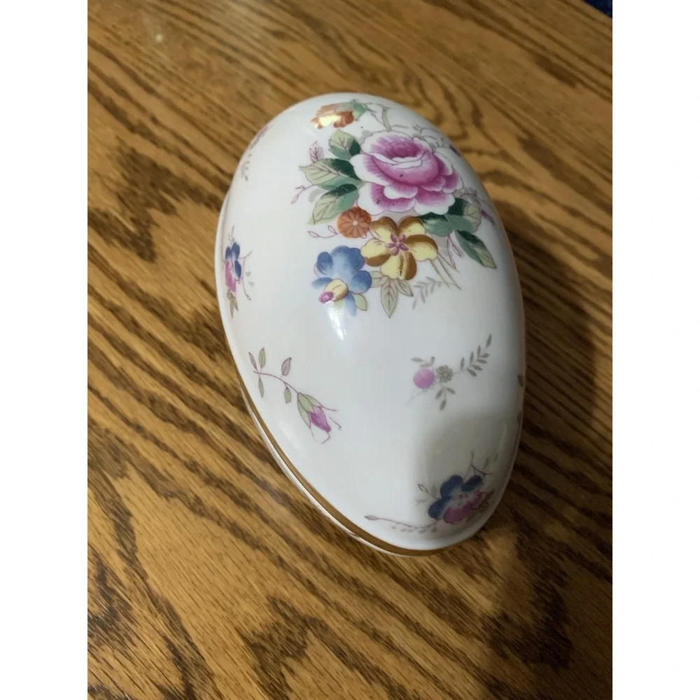 Vintage Egg Shaped Porcelain Trinket Box Japan Easter Floral Vanity